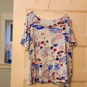 Kim Rogers 3xl summer shirt. Light blue with royal blue, white,and red design